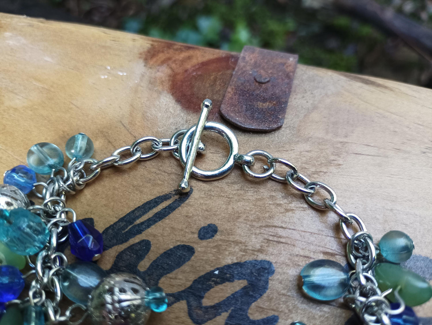 Vintage Blue Aquamarine Glass Charm Bracelet: Silver Plated Nautical Jewelry