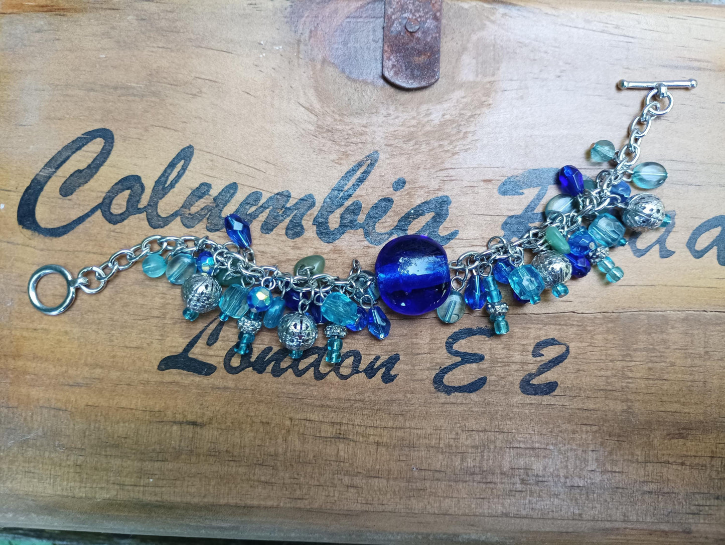 Vintage Blue Aquamarine Glass Charm Bracelet: Silver Plated Nautical Jewelry