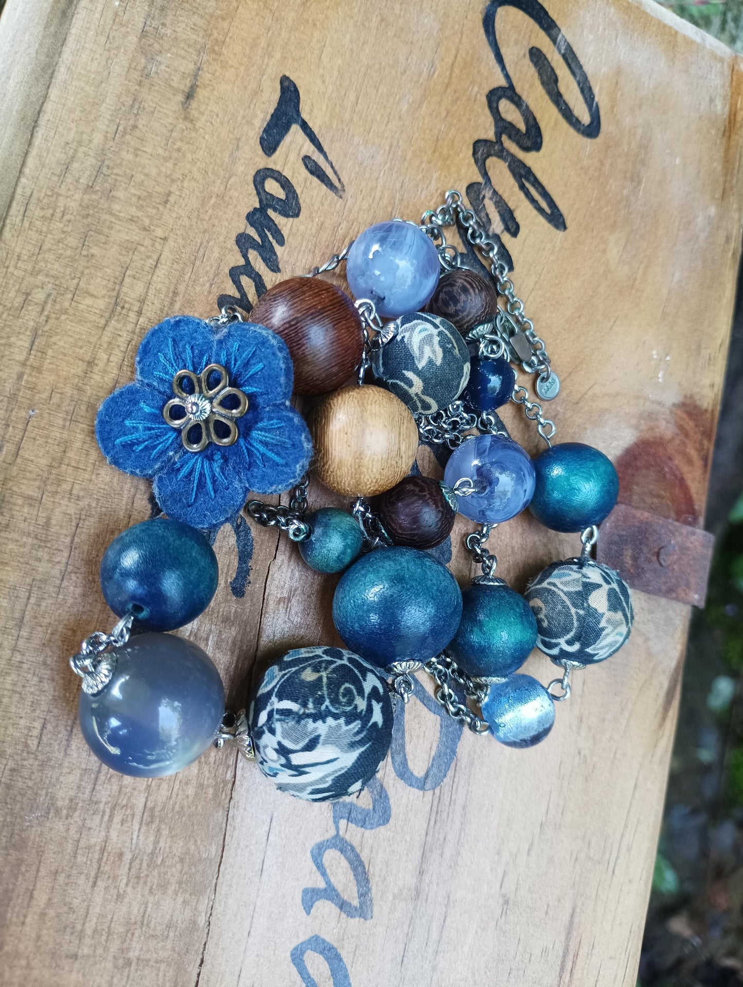 Long Multi-Color Beaded Necklace: Glass, Wood & Fabric  Beads