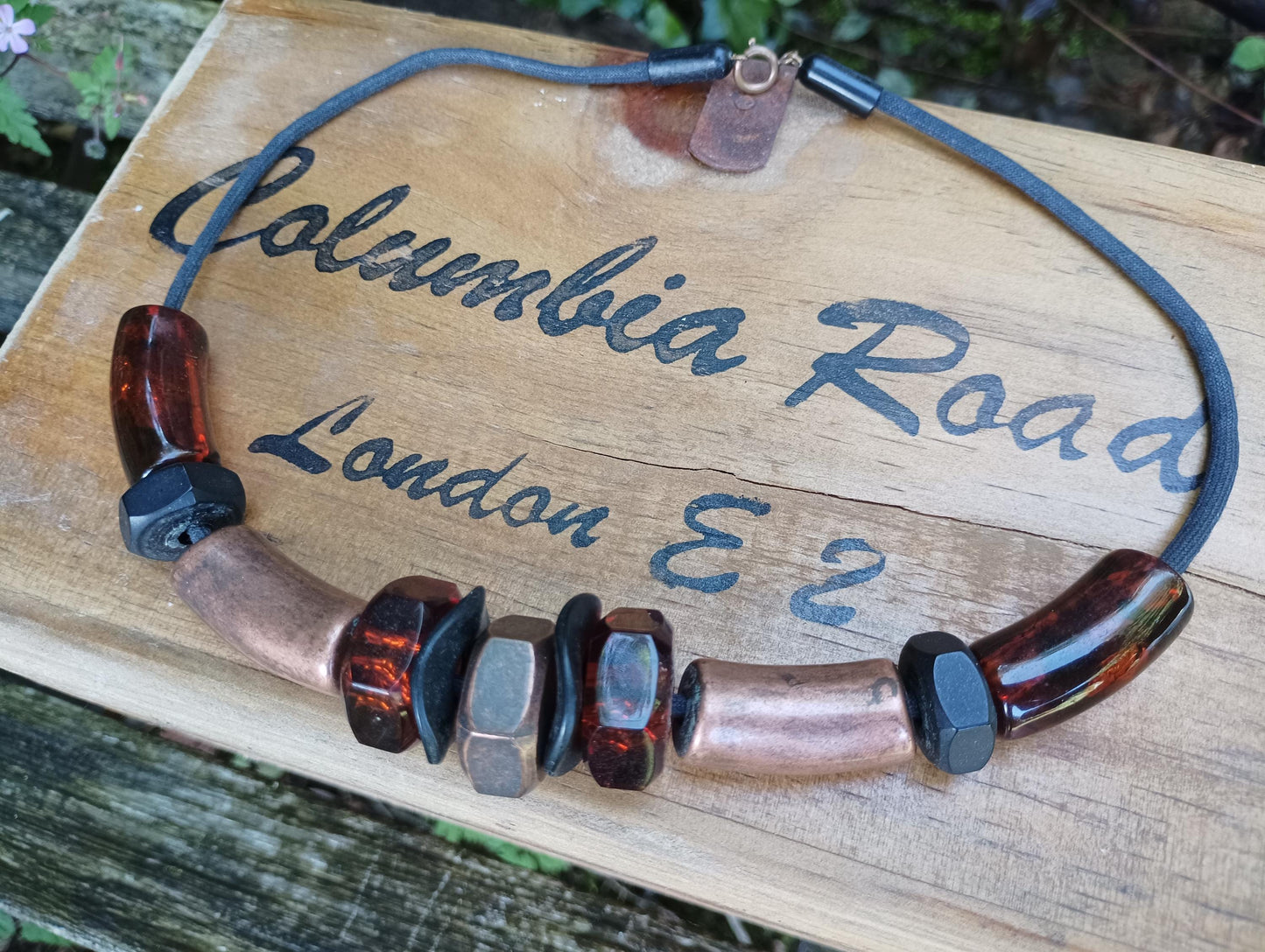 Vintage Industrial Choker: Faux Amber Beads, Brutalist Necklace