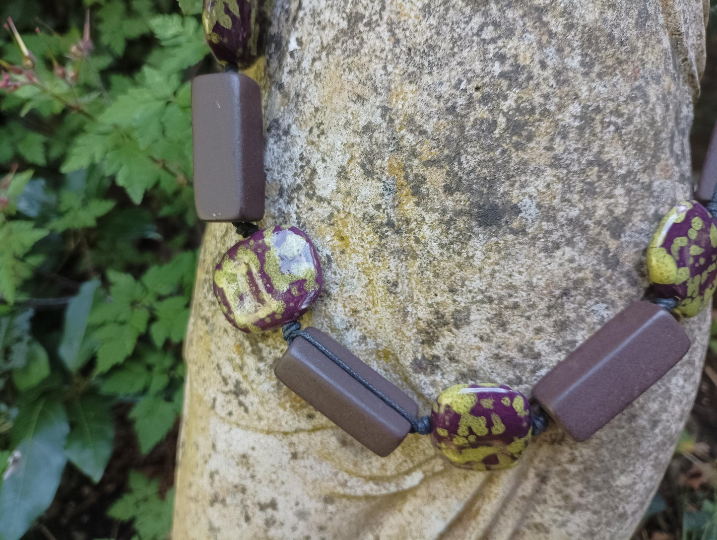 Retro Ceramic Beaded Necklace: Chunky Algae Chocolate Pottery