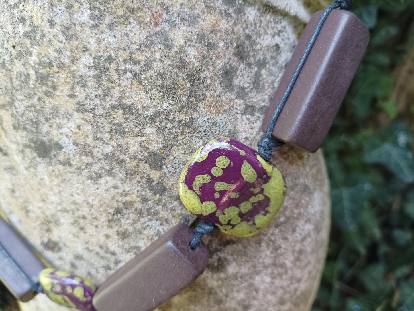 Retro Ceramic Beaded Necklace: Chunky Algae Chocolate Pottery