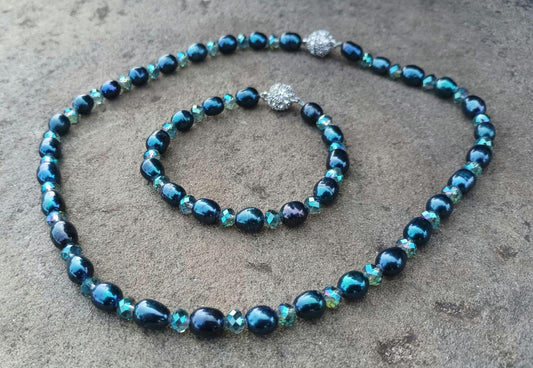 Vintage Peacock Pearl & Crystal Necklace Bracelet Set: Iridescent Teal Jewelry