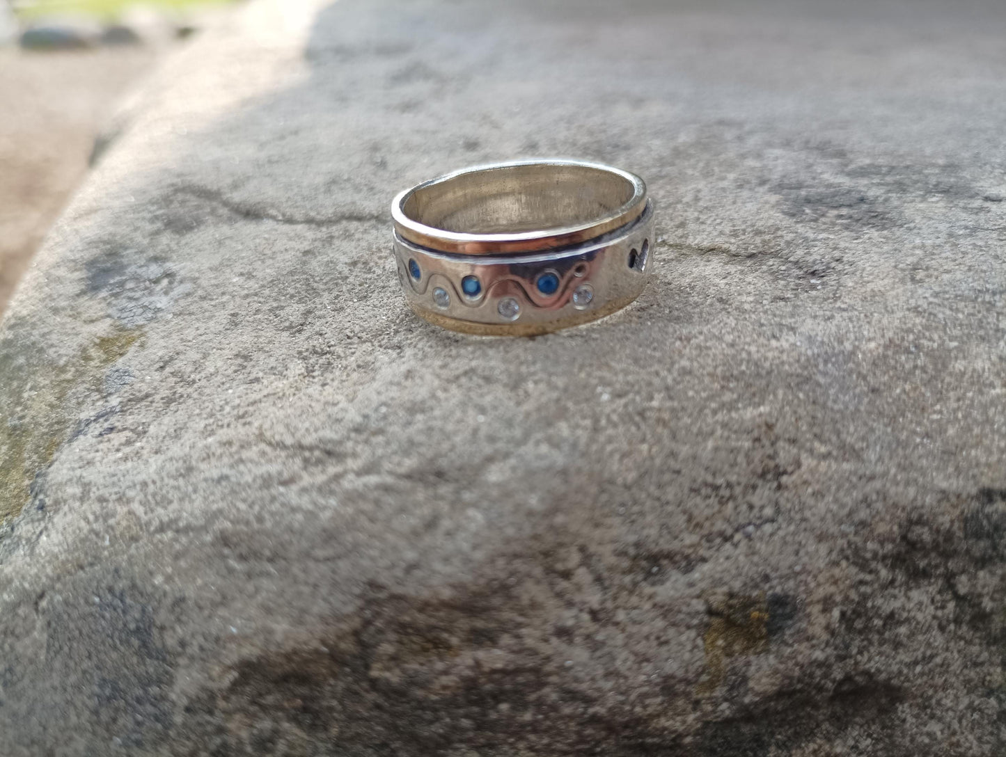 Vintage Two Tone Spinner Ring: 'Chris' Name, CZ Stones, Size US 8.75
