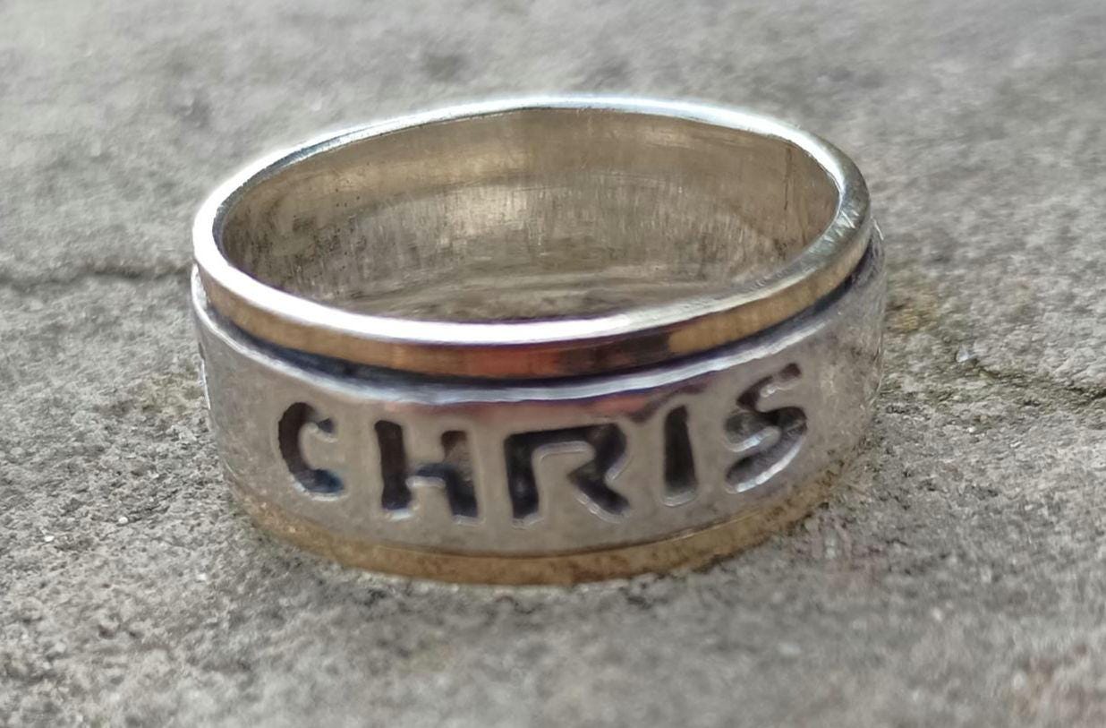 Vintage Two Tone Spinner Ring: 'Chris' Name, CZ Stones, Size US 8.75