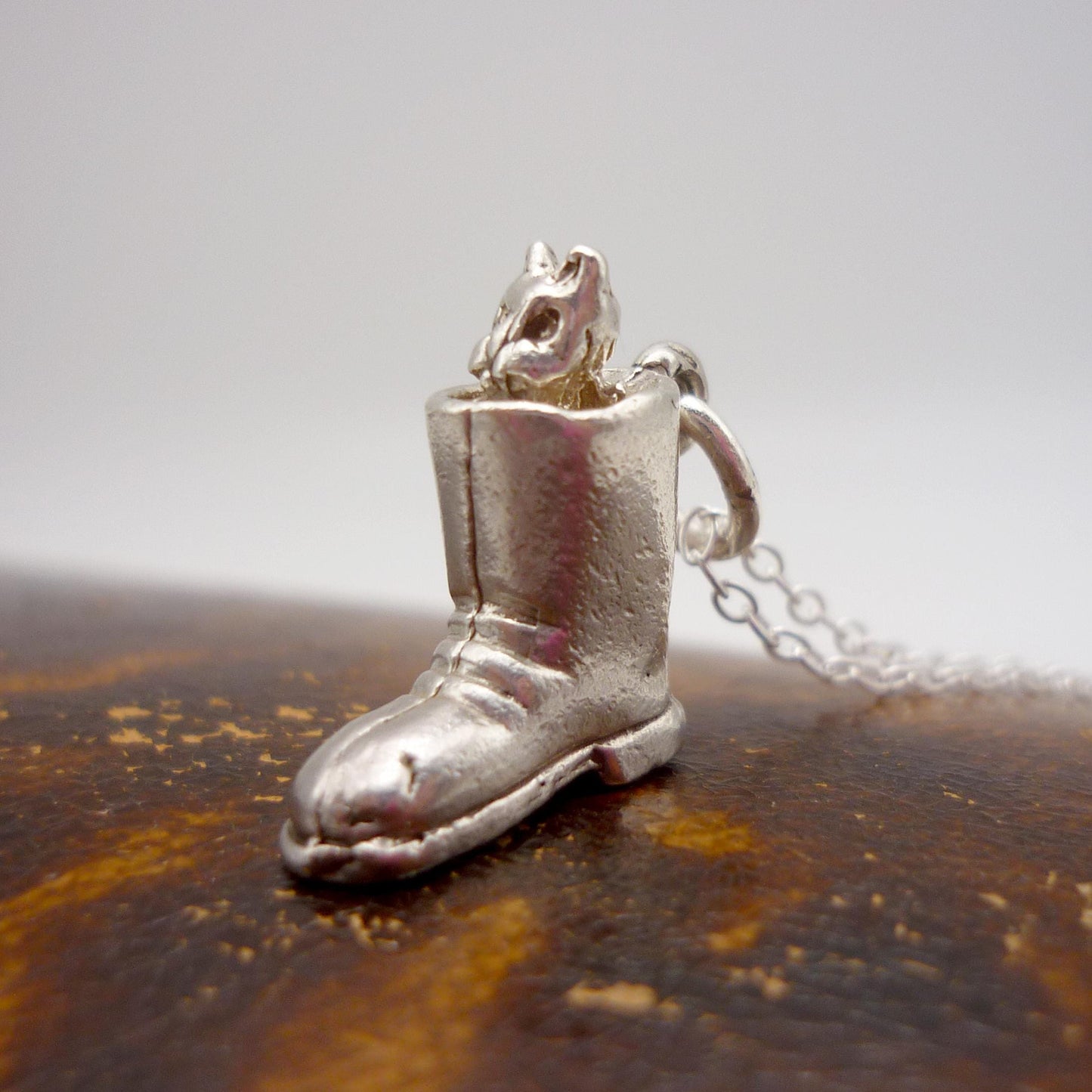 Silver Puss in Boots Charm Necklace