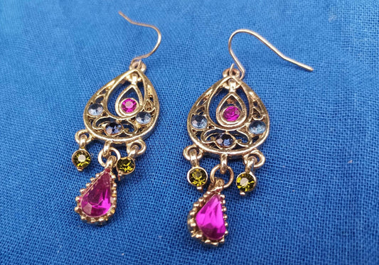 Vintage Gold Tone Chandelier Earrings: Bohemian Rhinestone Dangle