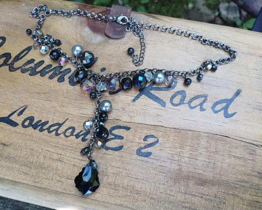 Vintage Black Faceted Bead Necklace: Bohemian Silver Cluster Bib Choker