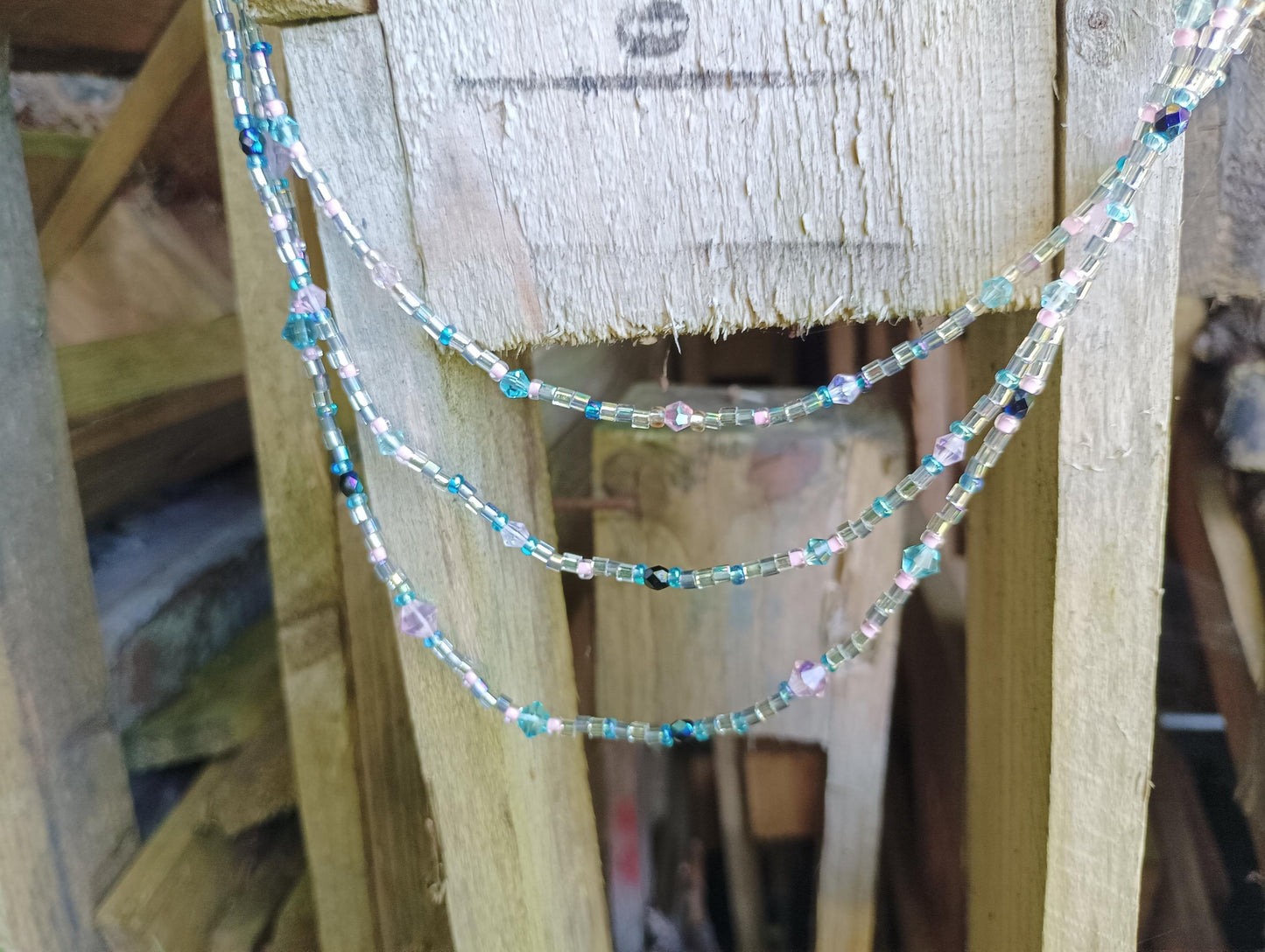 Vintage Pink & Blue Seed Bead Multi-Strand Necklace: Bohemian Costume Jewelry