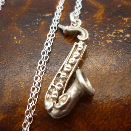 Silver Saxophone Necklace, Musical Instrument Charm Pendant on Chain