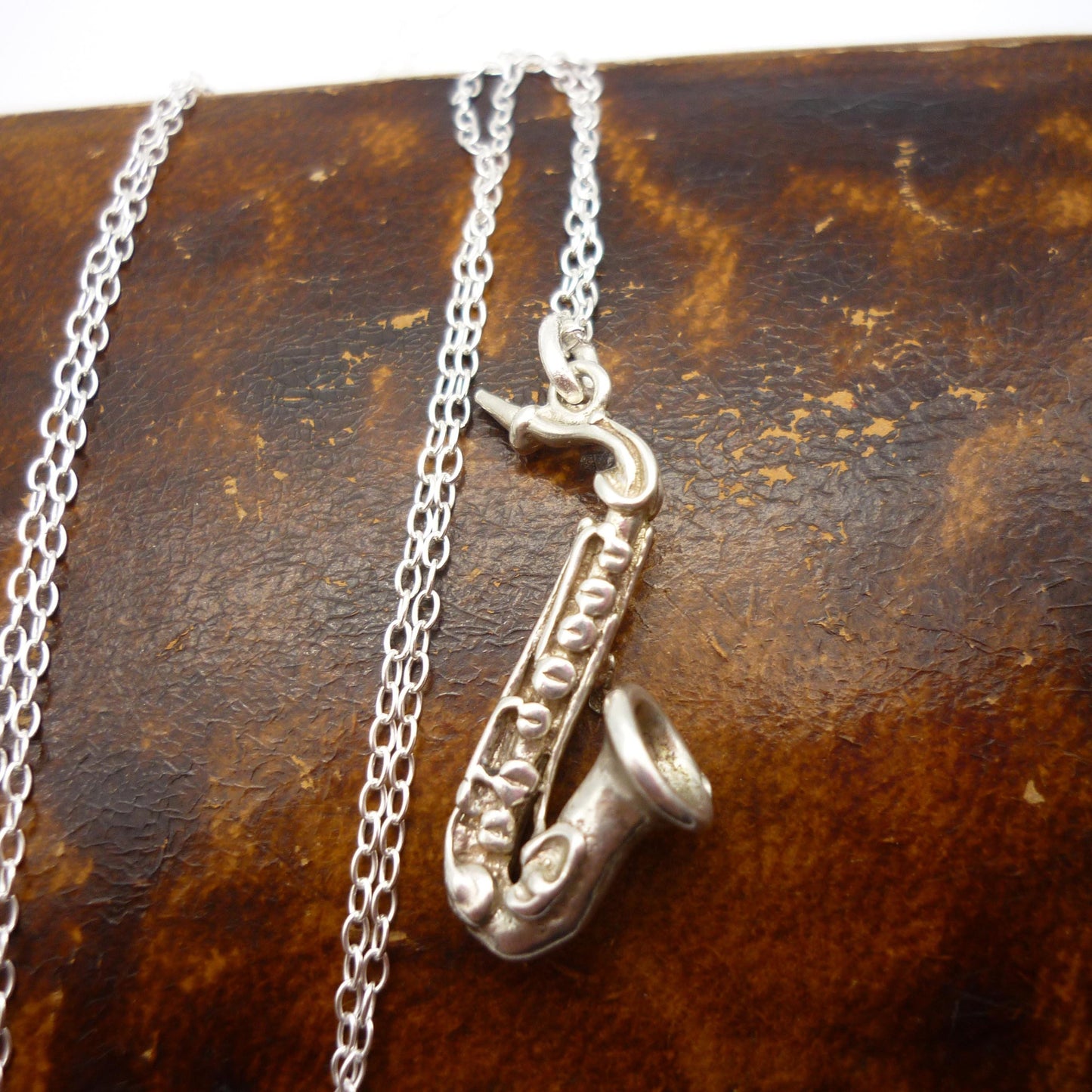 Silver Saxophone Necklace, Musical Instrument Charm Pendant on Chain
