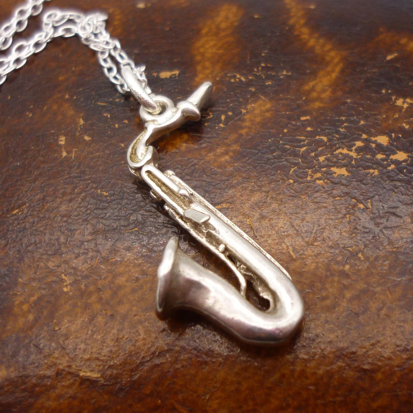 Silver Saxophone Necklace, Musical Instrument Charm Pendant on Chain