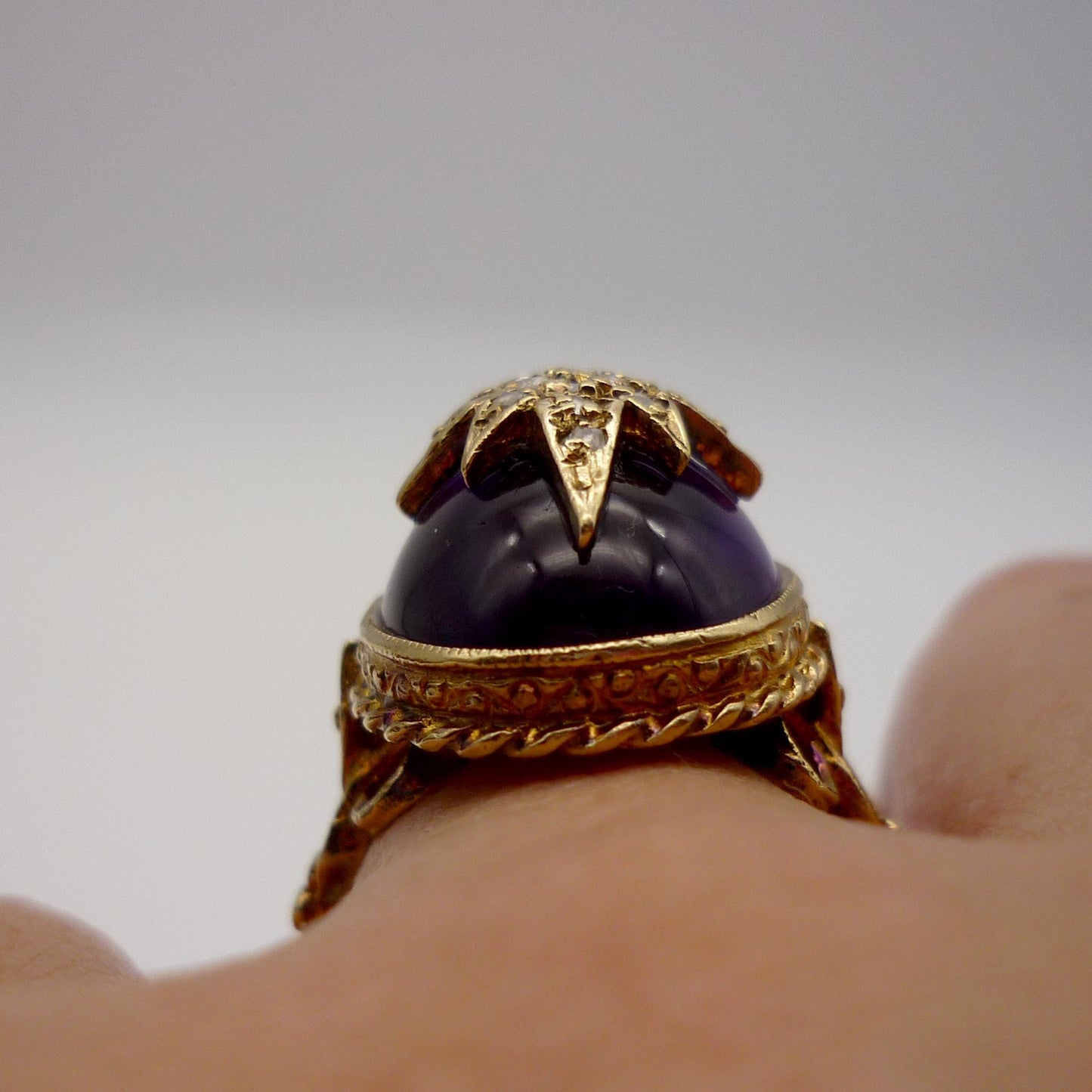 Victorian Revival Amethyst Cabochon Ring: 9k Gold Diamond Star, Size 5.75