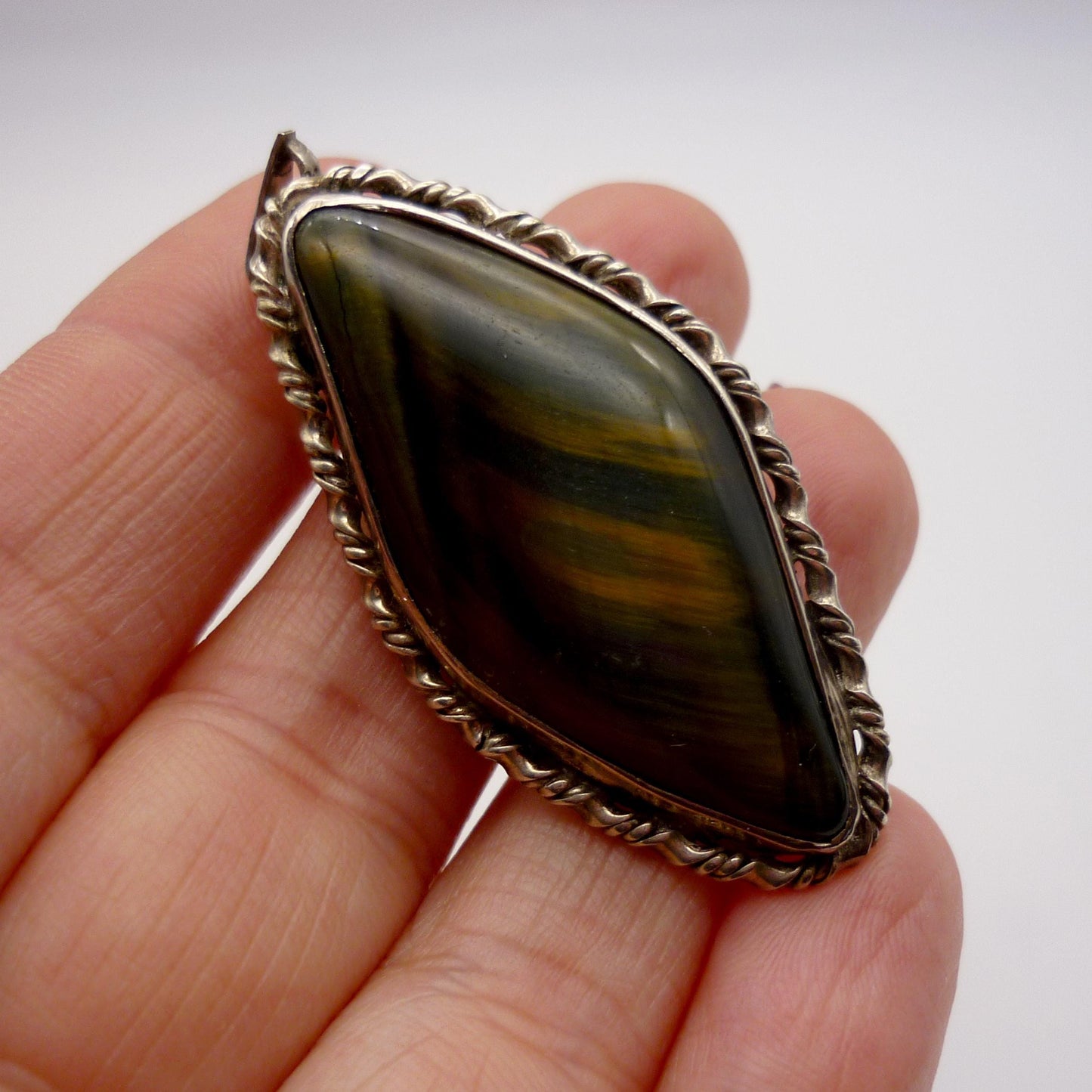 Tiger's Eye Pendant Brooch, Sterling Silver Tiger Eye Necklace
