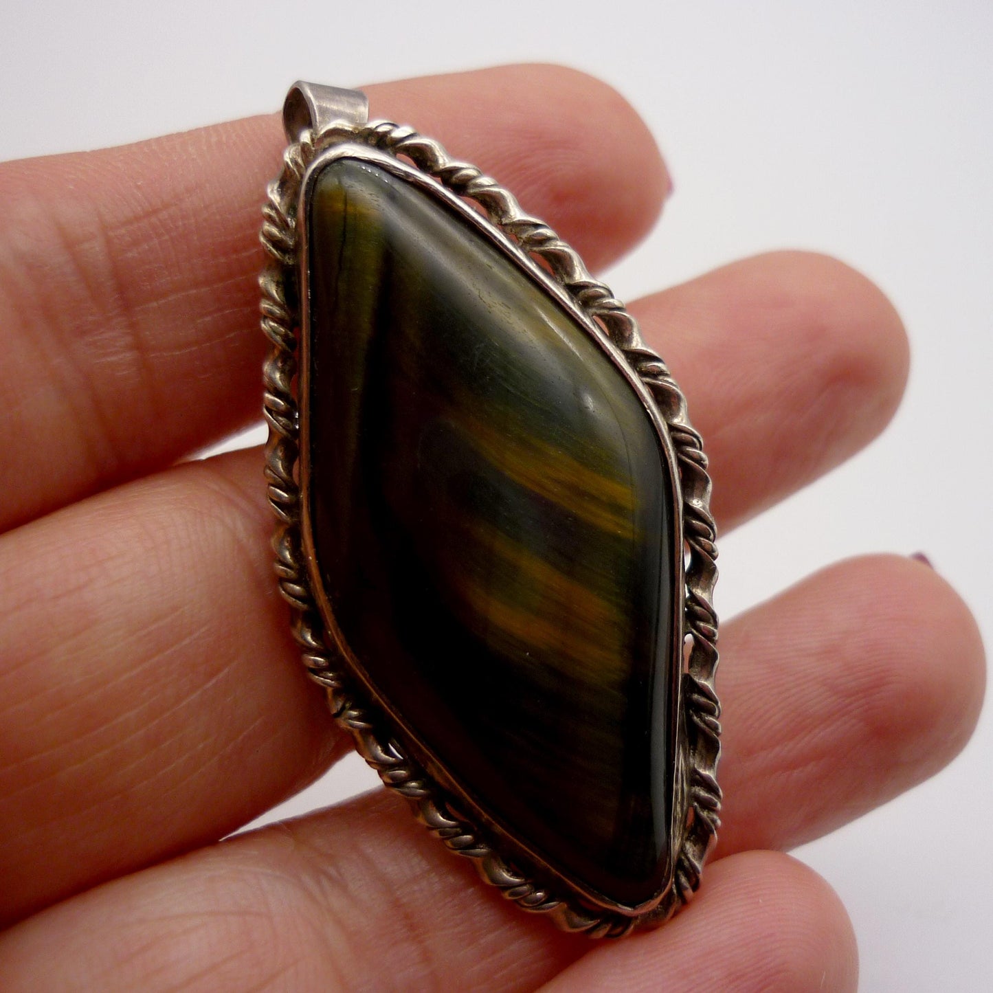 Tiger's Eye Pendant Brooch, Sterling Silver Tiger Eye Necklace