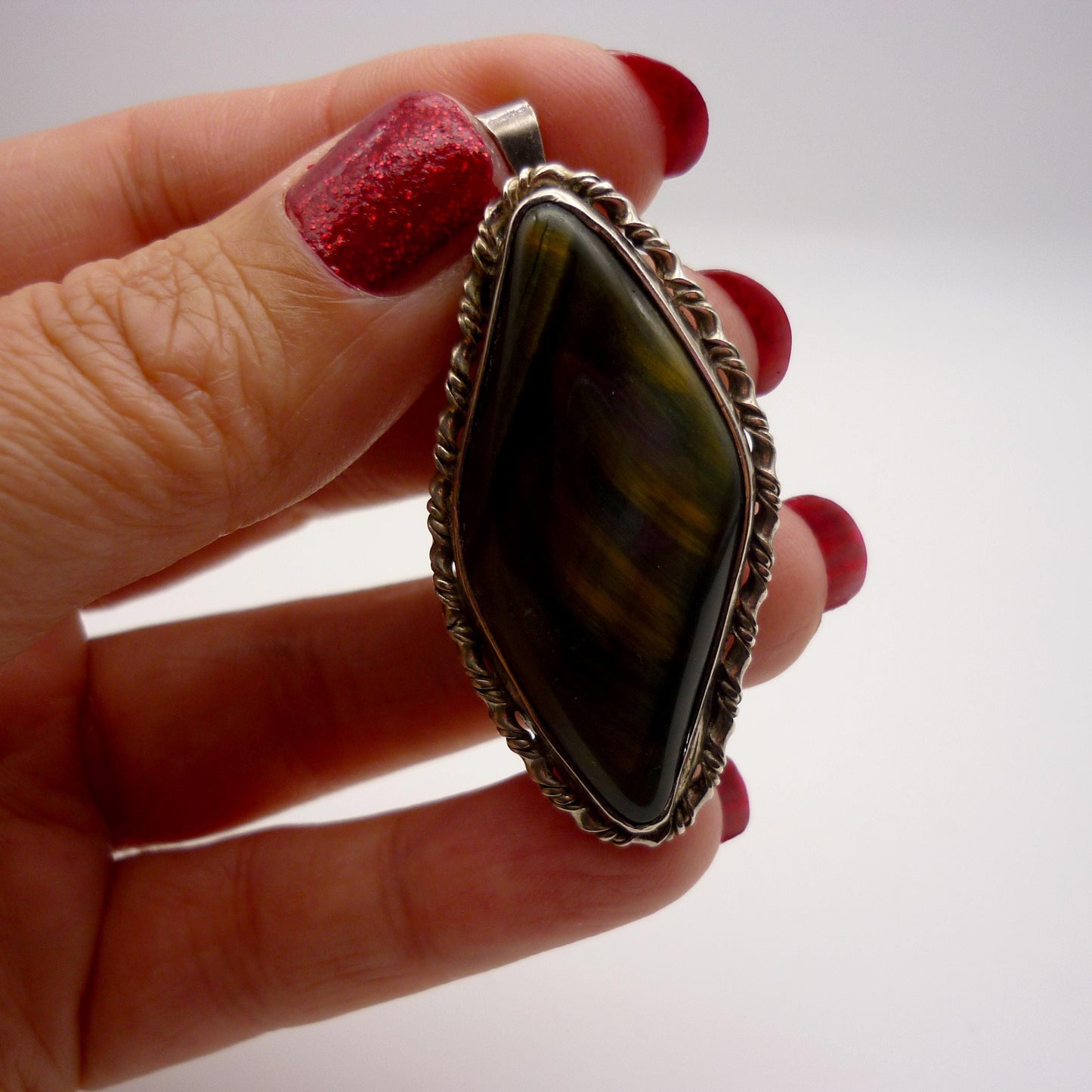 Tiger's Eye Pendant Brooch, Sterling Silver Tiger Eye Necklace