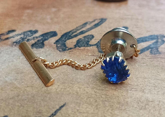 Vintage Blue Glass Tie Tac: Stratton Gold Tone T-Bar Chain, 1960s Retro Style