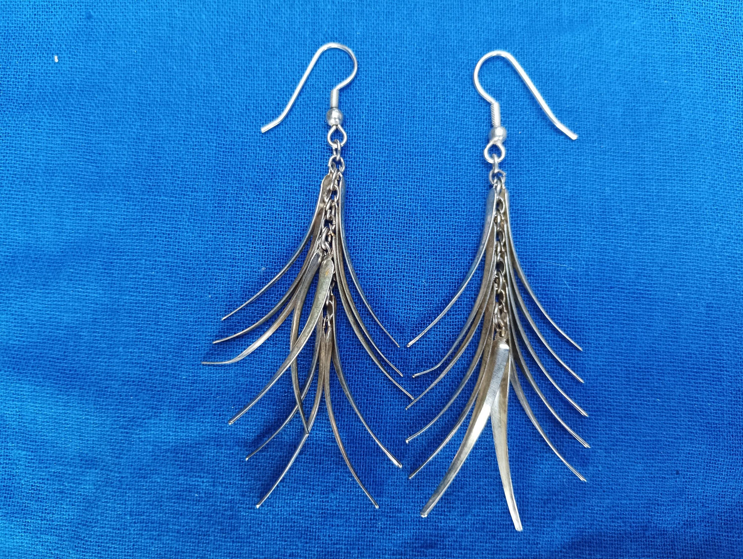 Vintage Silver Tone Chandelier Earrings: Feather Leaf Dangle, 1960s-70s Retro Style