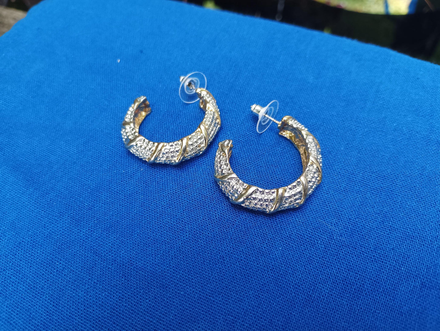 Vintage Two-Tone Hoop Earrings, Textured Pattern, Statement Jewelry