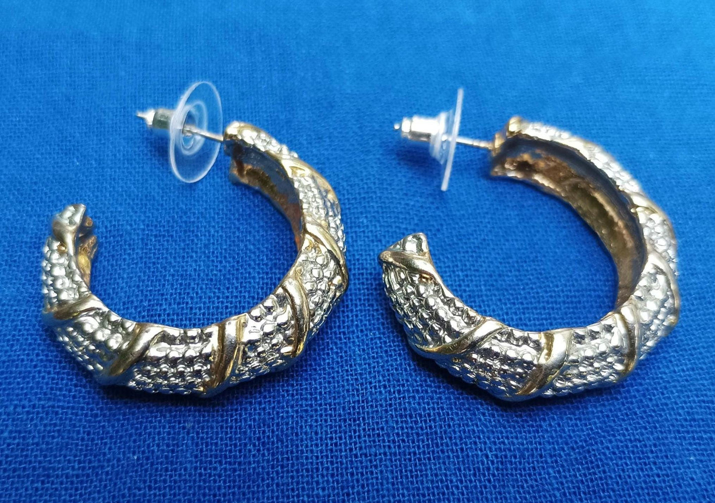 Vintage Two-Tone Hoop Earrings, Textured Pattern, Statement Jewelry