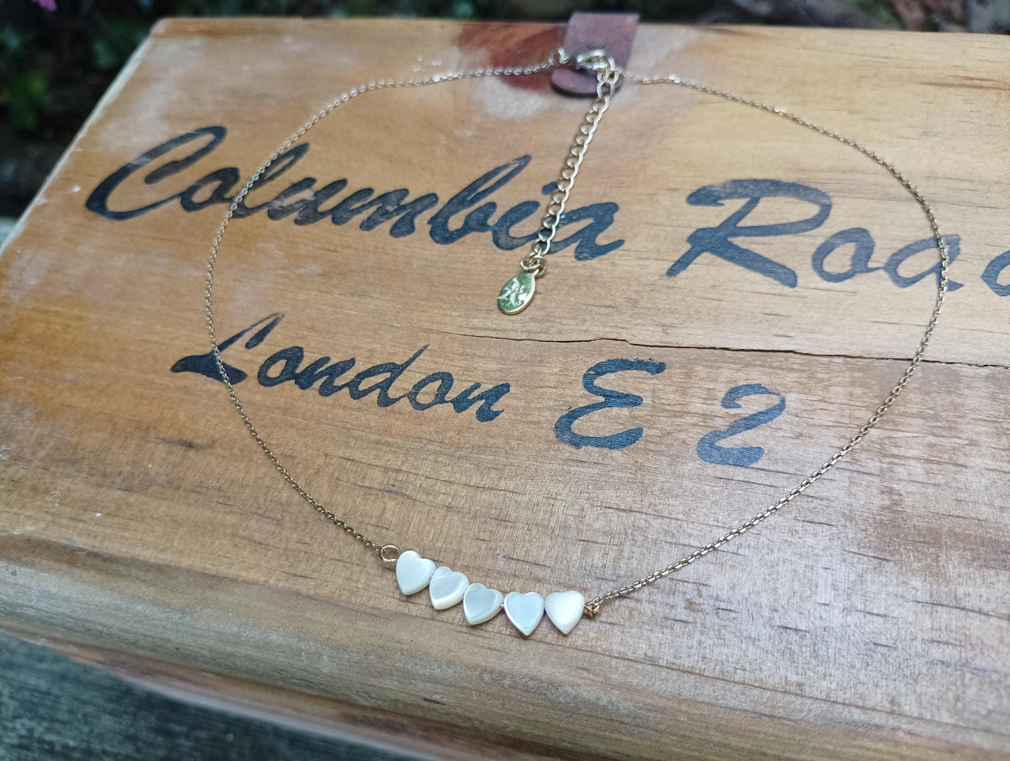 Vintage Gold Plated Necklace: Mother of Pearl Hearts, Avon Letter A