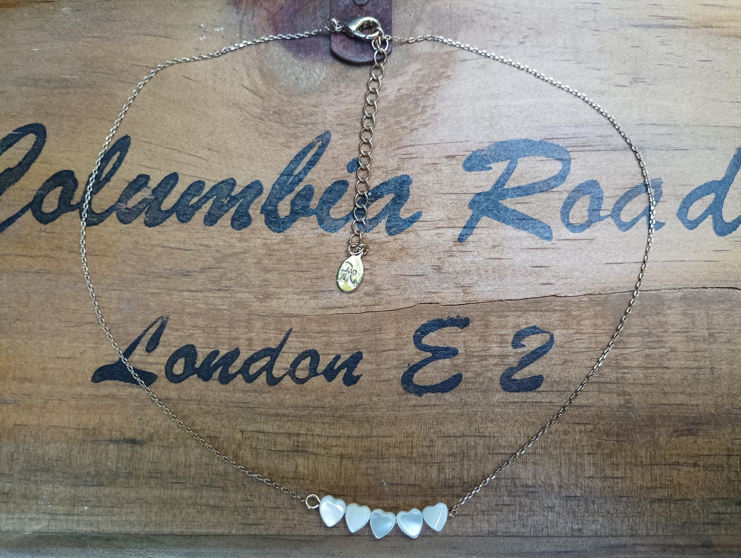 Vintage Gold Plated Necklace: Mother of Pearl Hearts, Avon Letter A