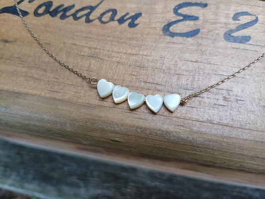 Vintage Gold Plated Necklace: Mother of Pearl Hearts, Avon Letter A