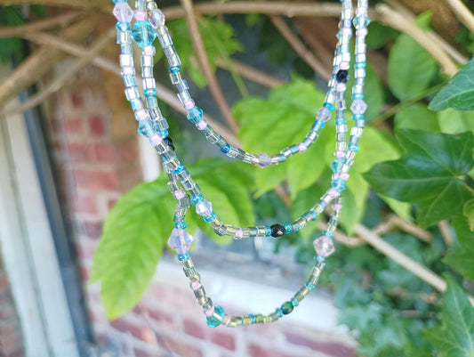Vintage Pink & Blue Seed Bead Multi-Strand Necklace: Bohemian Costume Jewelry