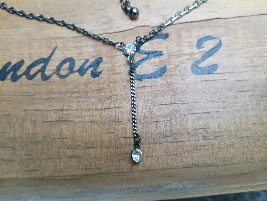 Vintage Gunmetal Y Necklace: Crystal Choker, Gothic Dark Silver
