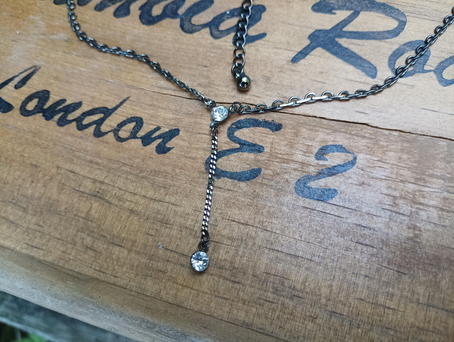 Vintage Gunmetal Y Necklace: Crystal Choker, Gothic Dark Silver