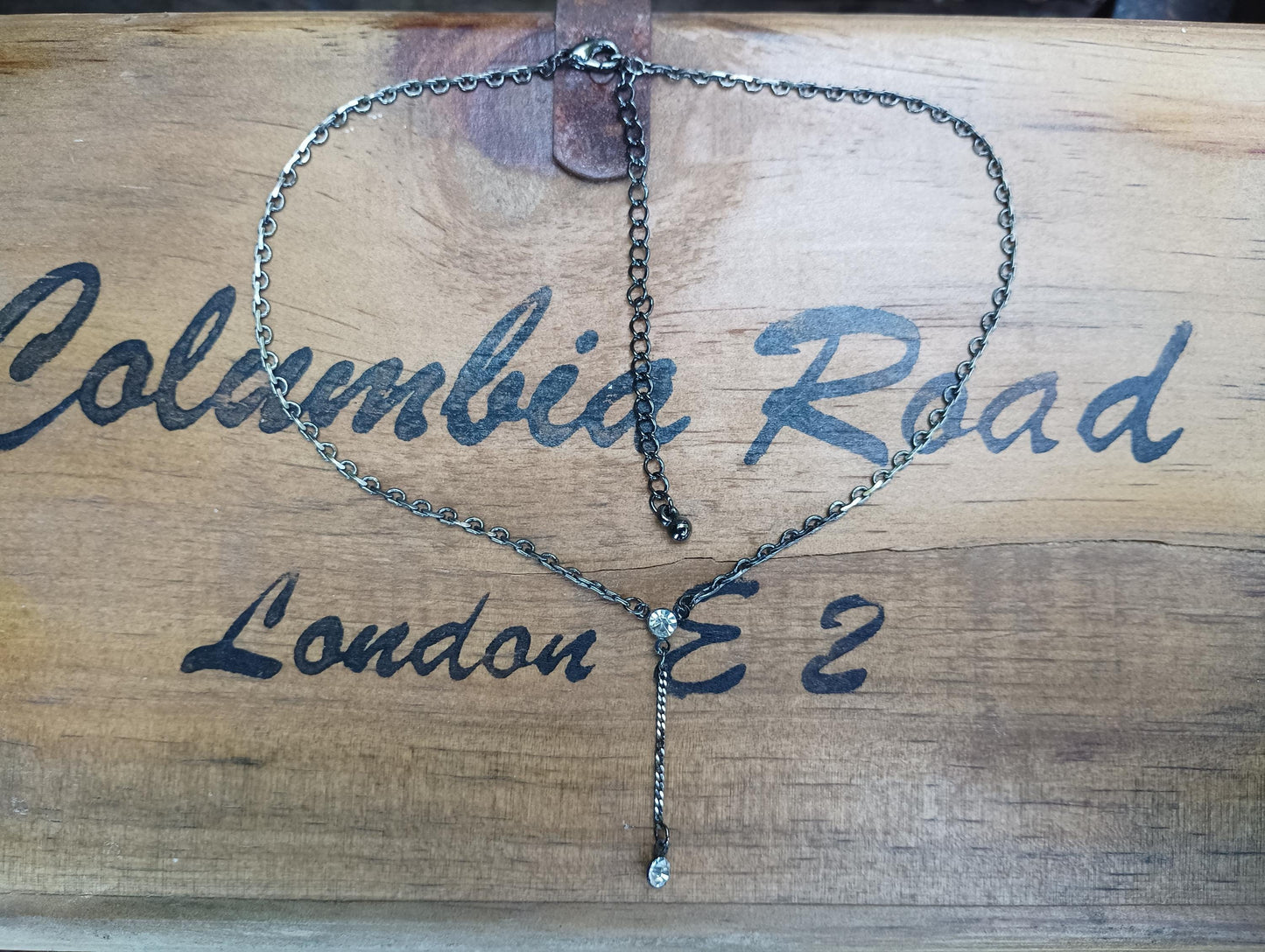 Vintage Gunmetal Y Necklace: Crystal Choker, Gothic Dark Silver