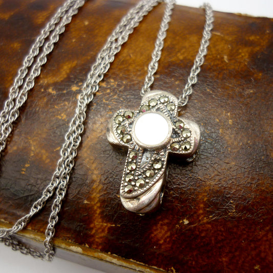 Vintage Marcasite Cross Pendant Necklace: Sterling Silver & Mother of Pearl