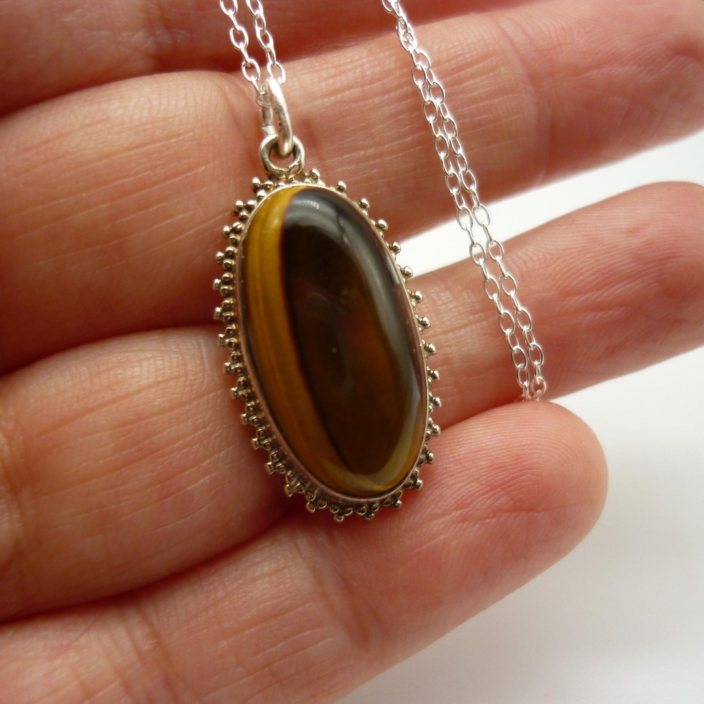 Vintage Tiger's Eye Pendant, Silver Tiger Eye Necklace