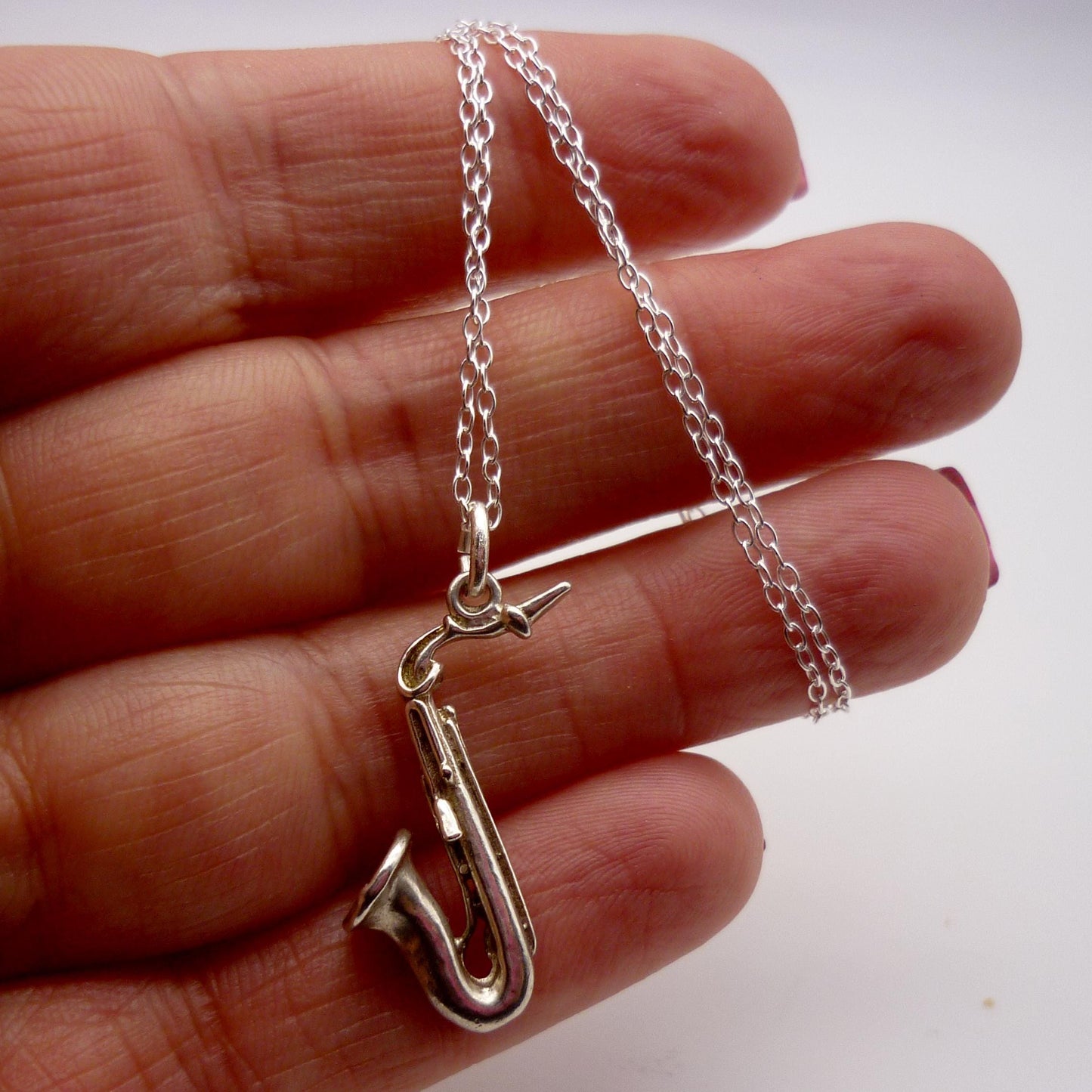 Silver Saxophone Necklace, Musical Instrument Charm Pendant on Chain
