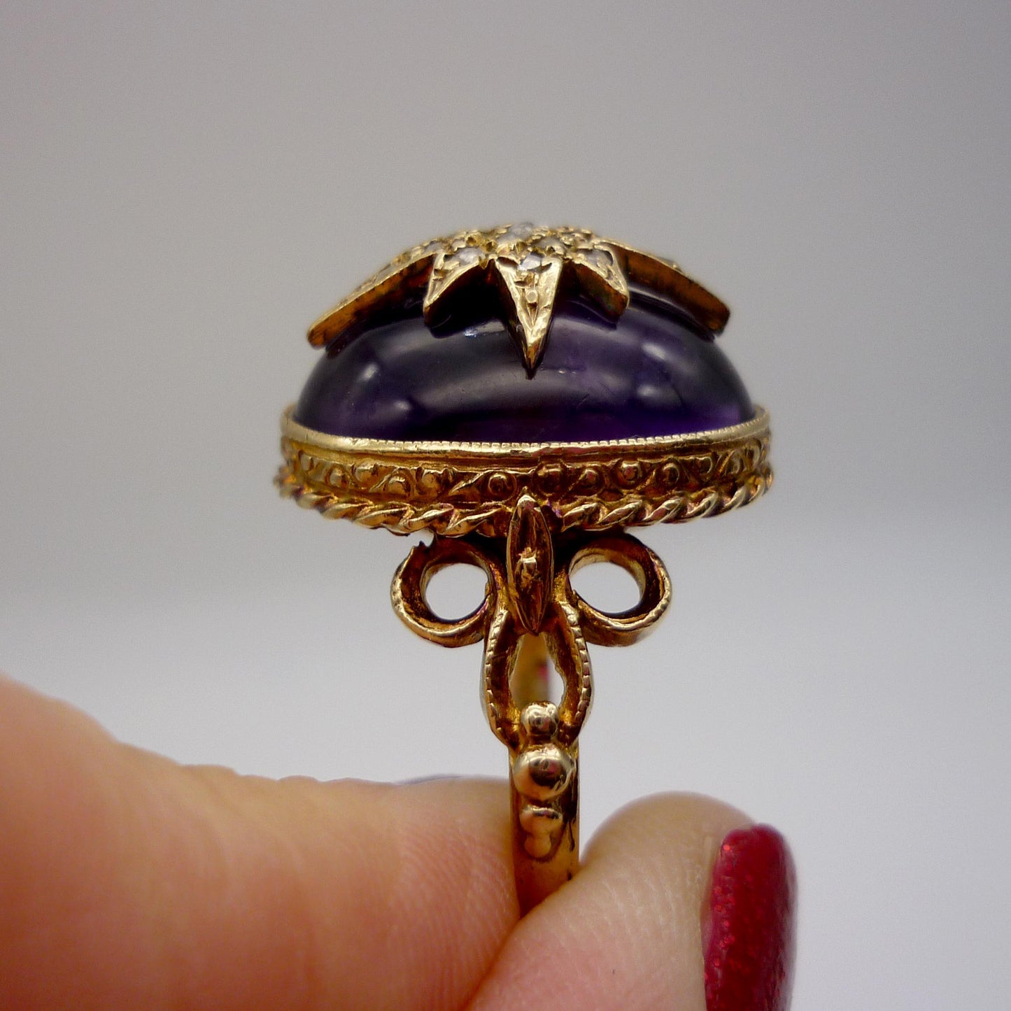 Victorian Revival Amethyst Cabochon Ring: 9k Gold Diamond Star, Size 5.75
