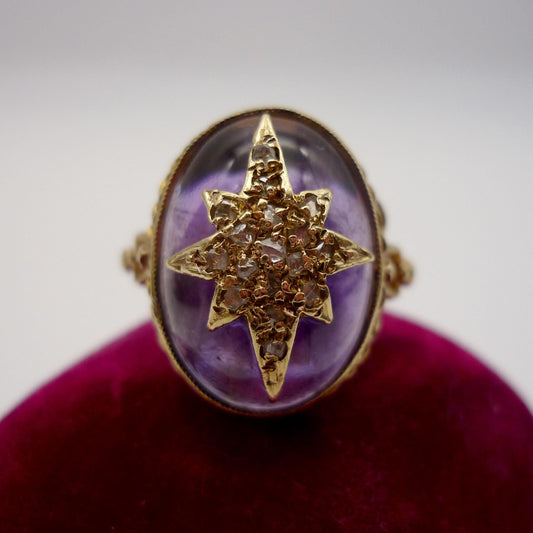 Victorian Revival Amethyst Cabochon Ring: 9k Gold Diamond Star, Size 5.75