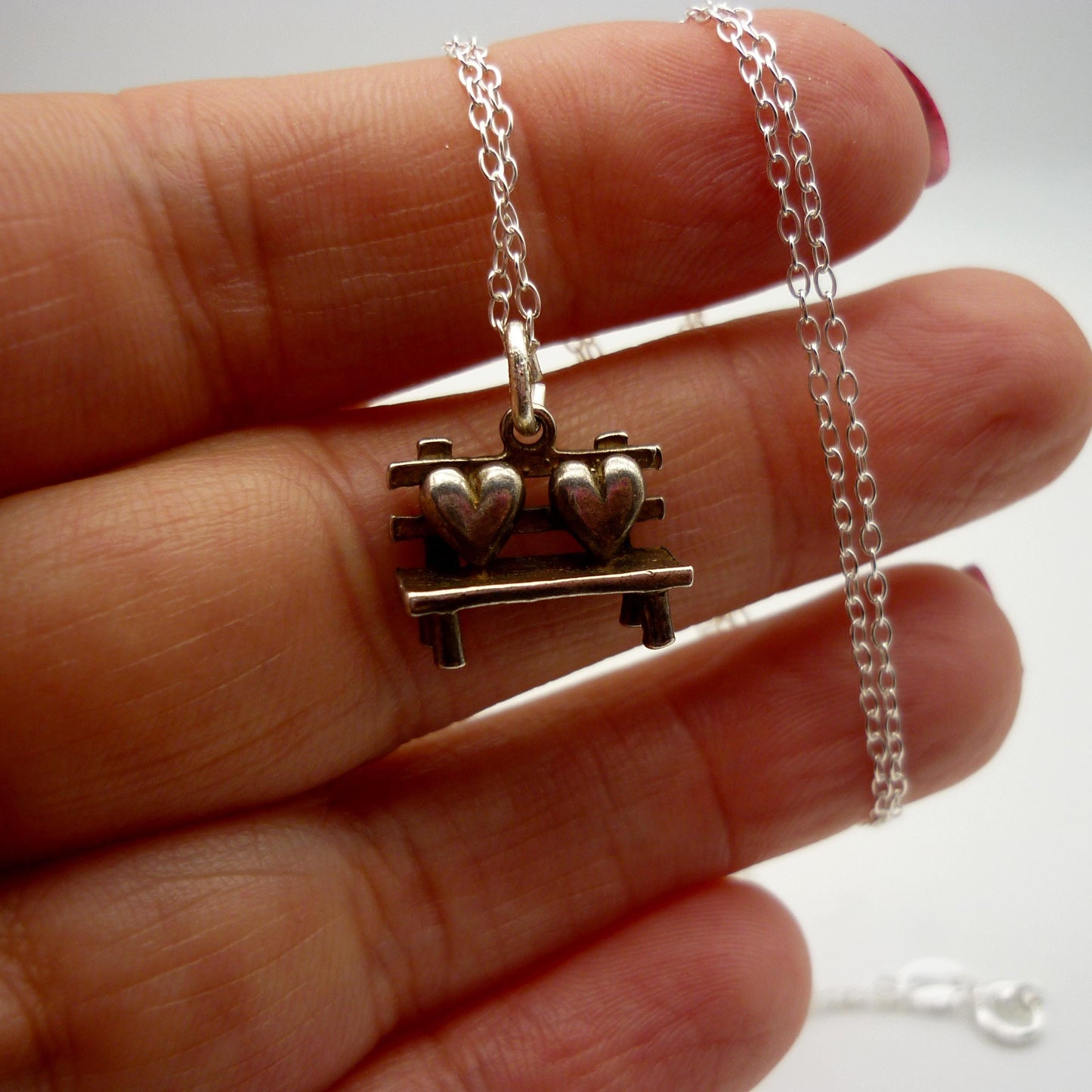 Silver Bench and Hearts Charm Necklace