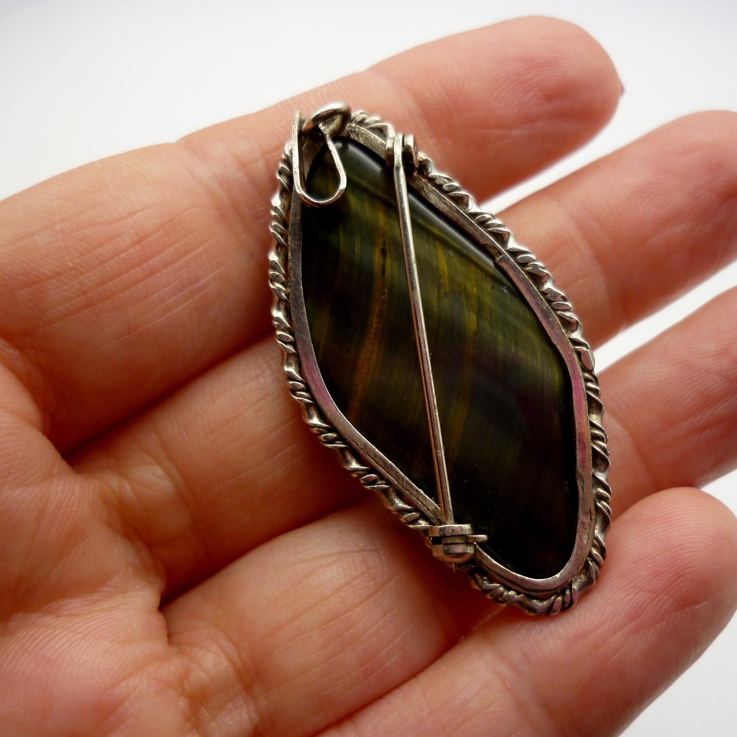 Tiger's Eye Pendant Brooch, Sterling Silver Tiger Eye Necklace