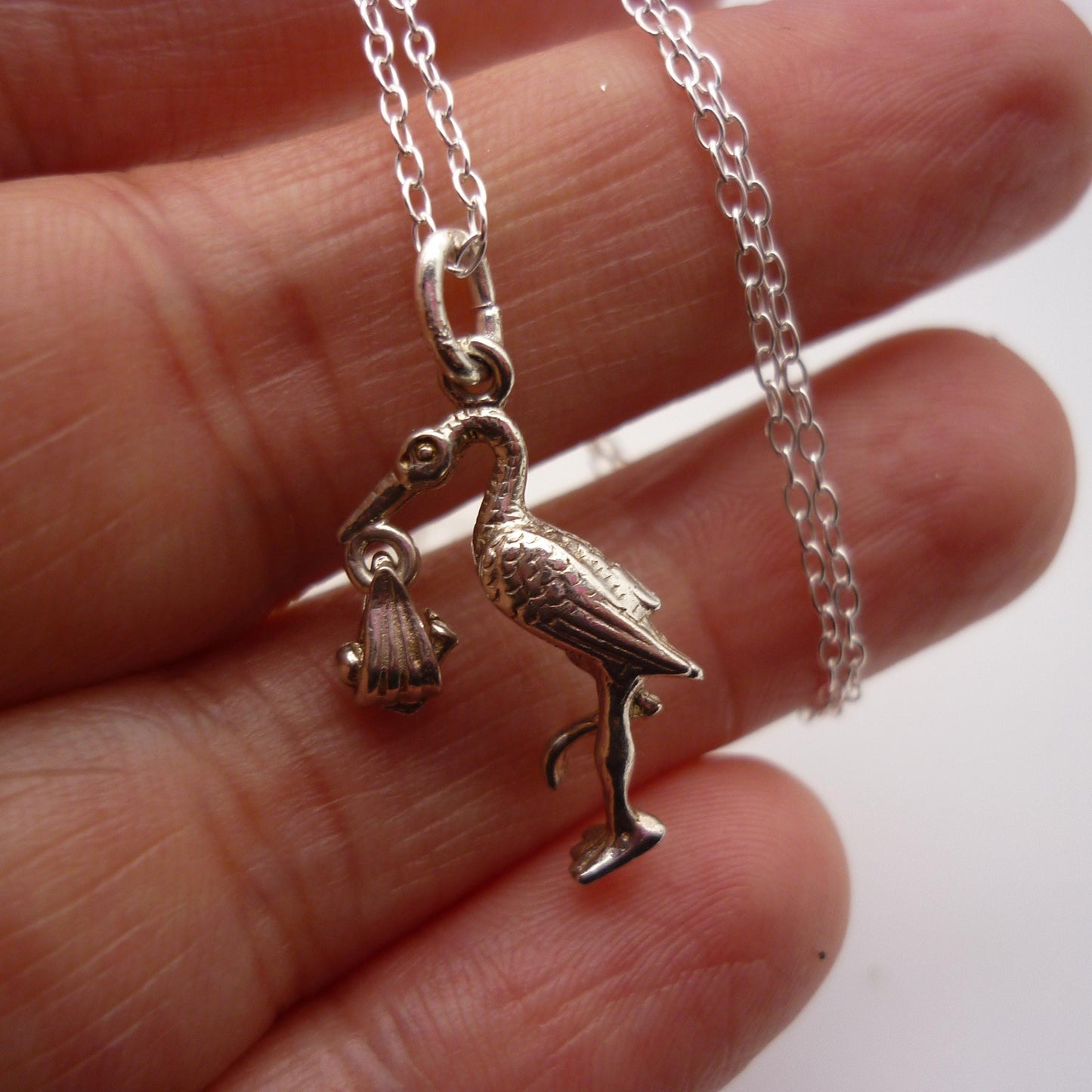 Vintage Silver Stork and Bundle Charm Necklace, New Baby Pregnancy Gift