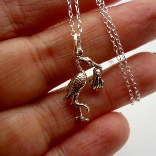 Vintage Silver Stork and Bundle Charm Necklace, New Baby Pregnancy Gift
