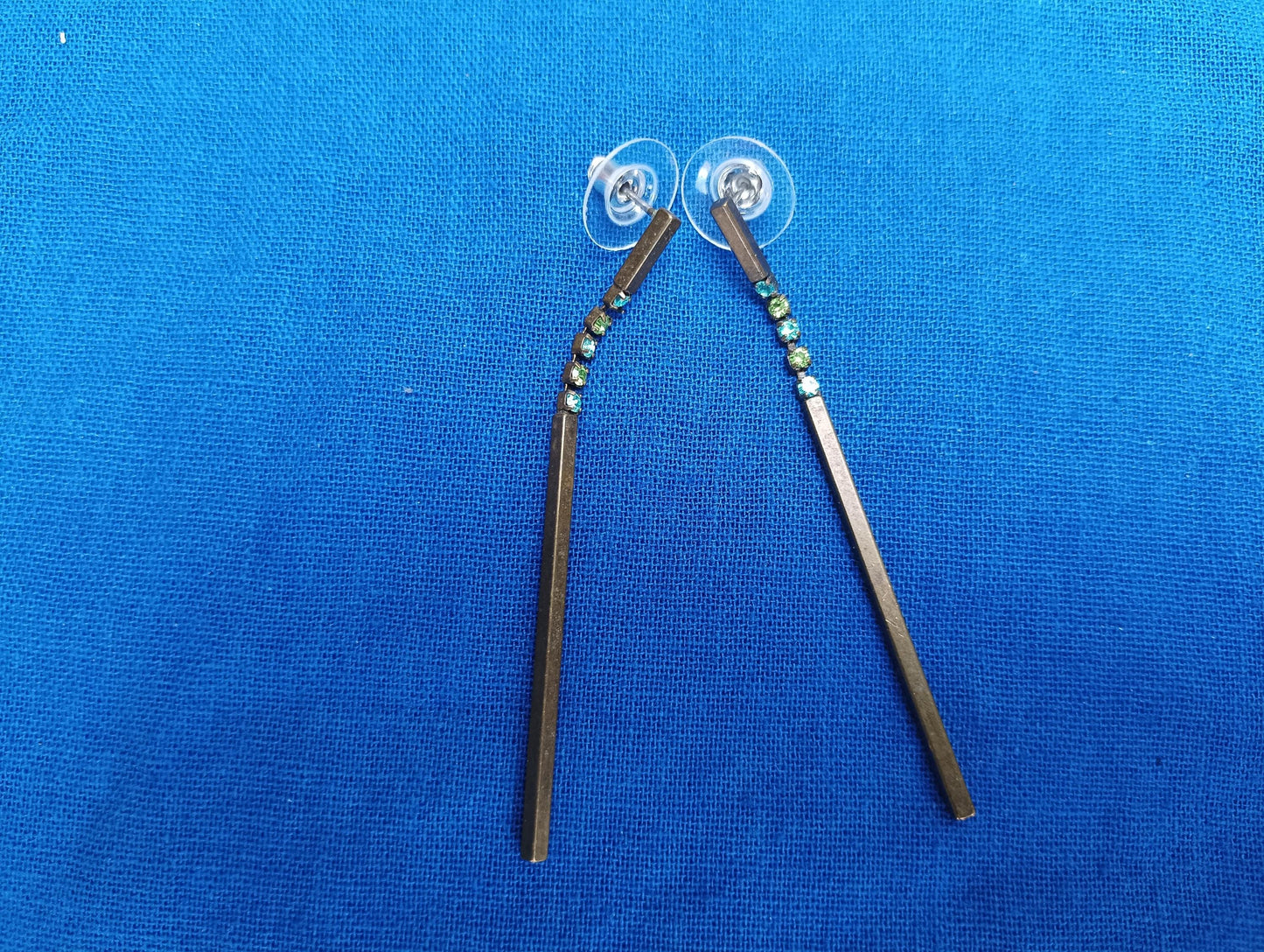 Vintage Bronze Dangle Earrings: Green & Blue Rhinestone Costume Jewelry