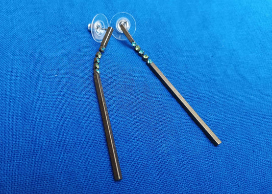 Vintage Bronze Dangle Earrings: Green & Blue Rhinestone Costume Jewelry