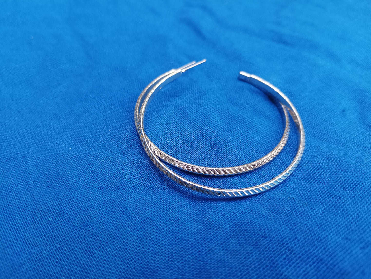 Vintage Silver Plated Hoop Earrings, Textured Striped Pattern, 2 inch