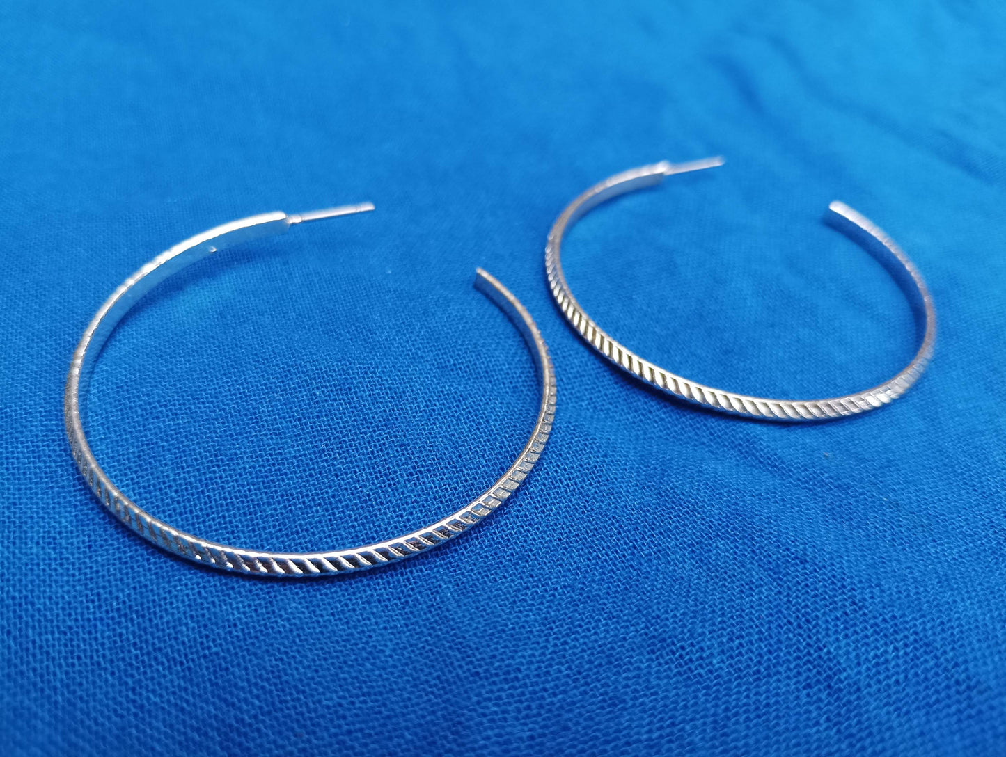 Vintage Silver Plated Hoop Earrings, Textured Striped Pattern, 2 inch