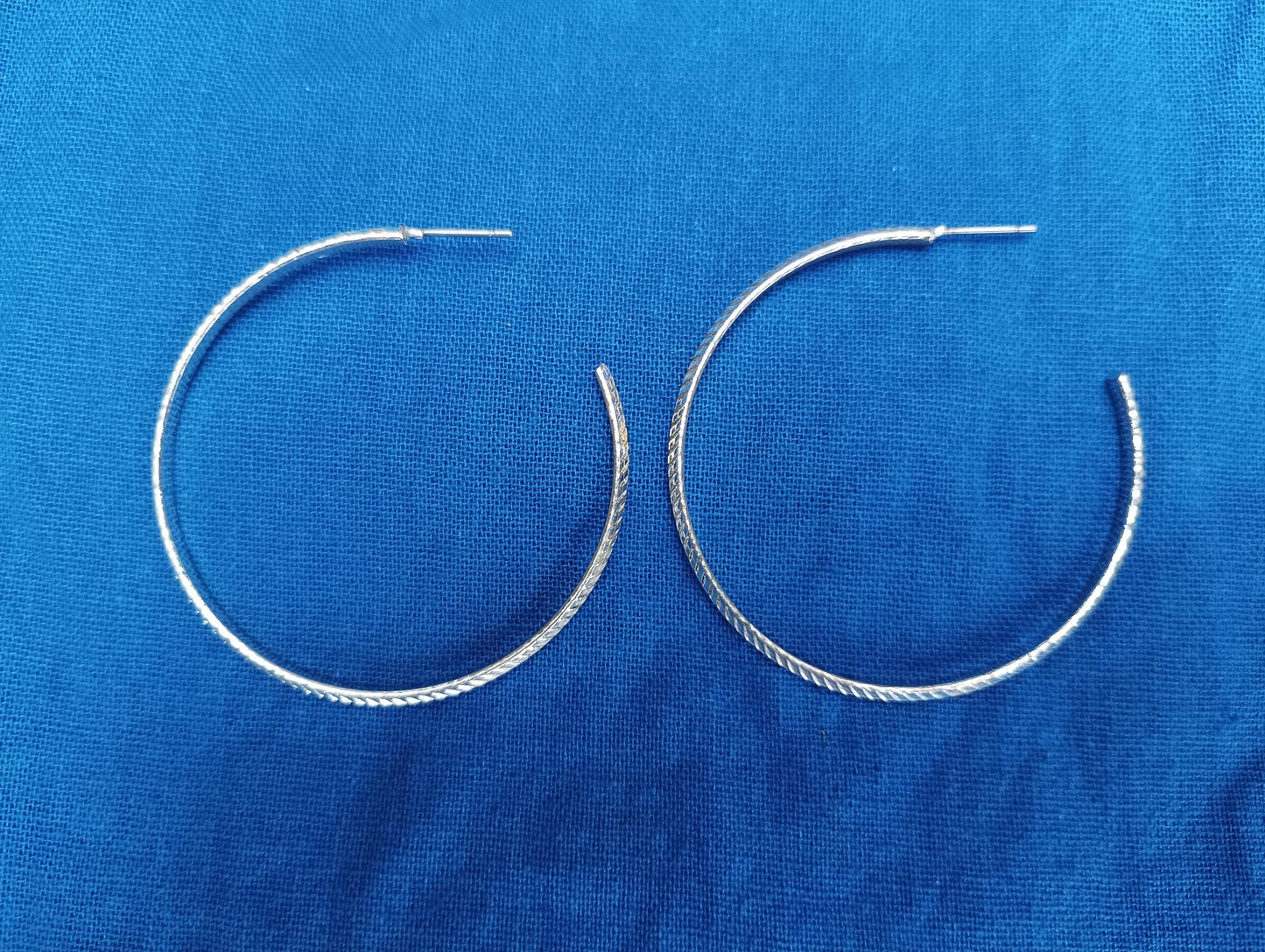 Vintage Silver Plated Hoop Earrings, Textured Striped Pattern, 2 inch