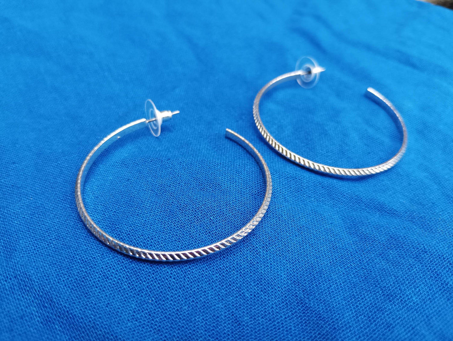 Vintage Silver Plated Hoop Earrings, Textured Striped Pattern, 2 inch