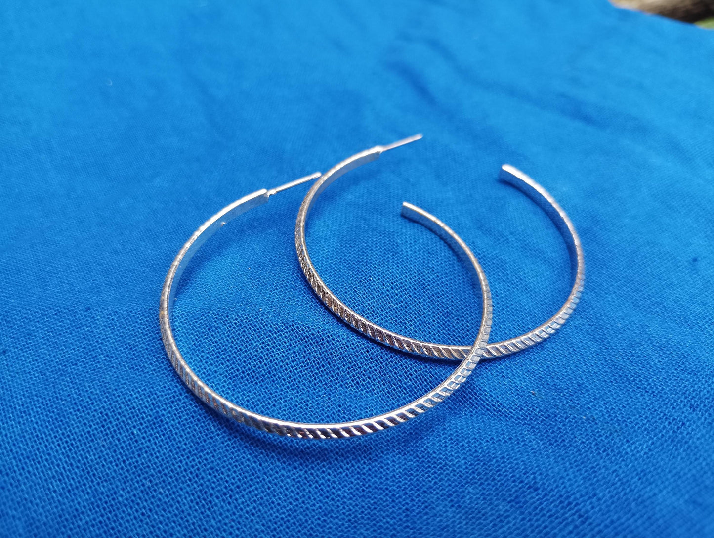 Vintage Silver Plated Hoop Earrings, Textured Striped Pattern, 2 inch