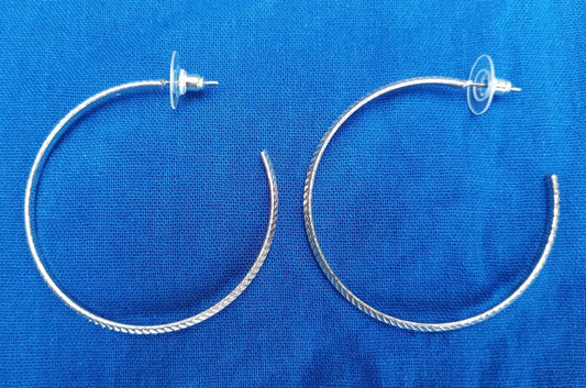 Vintage Silver Plated Hoop Earrings, Textured Striped Pattern, 2 inch