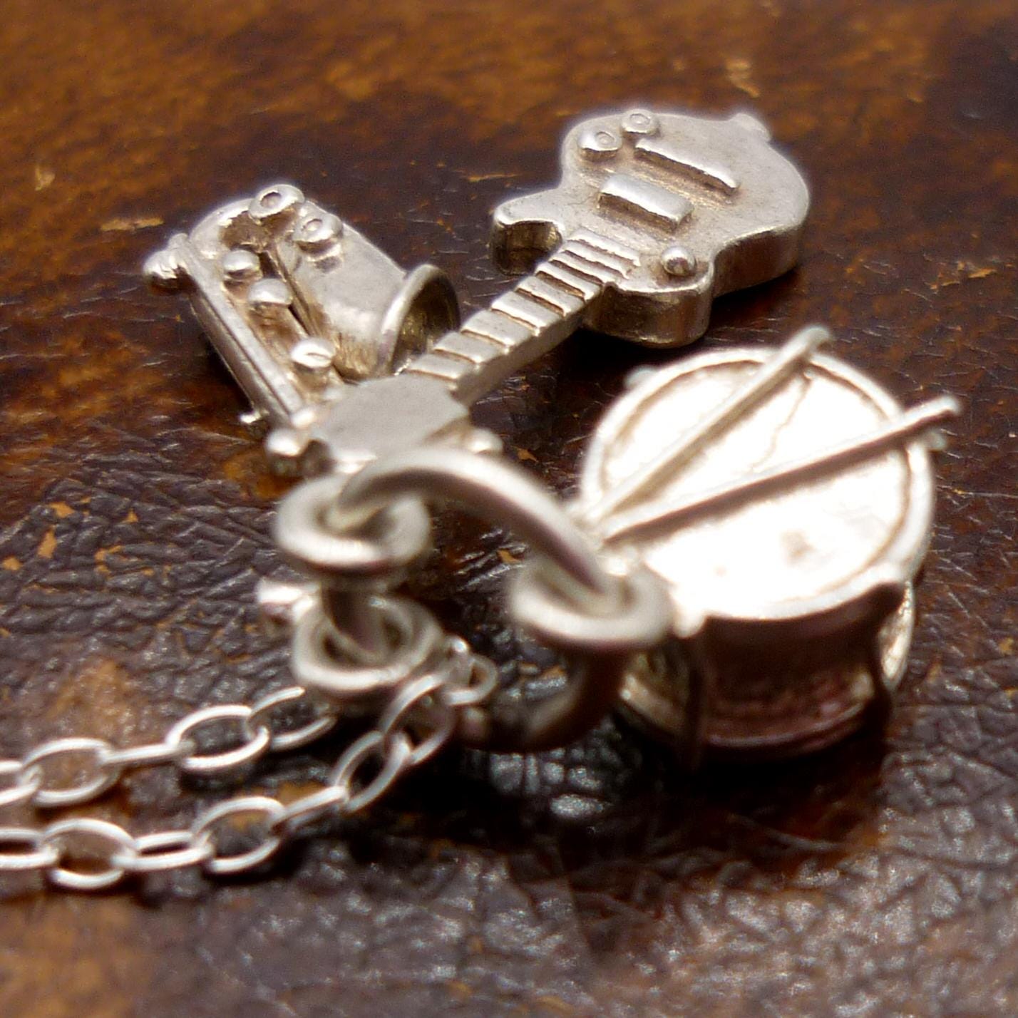 Silver Musical Instrument Charm Pendant on Chain, Guitar Drums and Saxophone Necklace