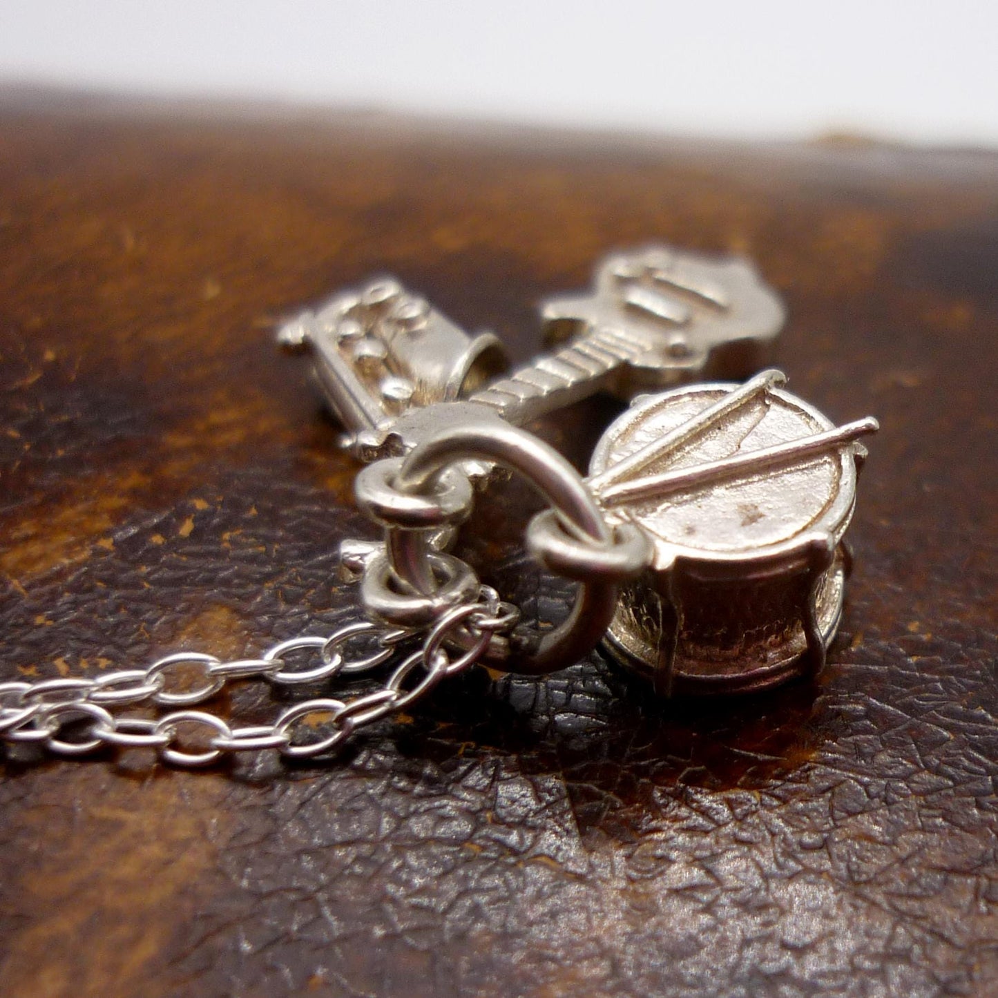 Silver Musical Instrument Charm Pendant on Chain, Guitar Drums and Saxophone Necklace
